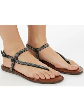 Chelsea Moreland CM Aria Silver Jeweled Studded Black Flat Thong Sandals Size 9M